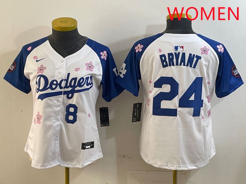 Women Los Angeles Dodgers #24 Bryant White Blue Sakura Edition 2025 Nike MLB Jersey style 10->women mlb jersey->Women Jersey